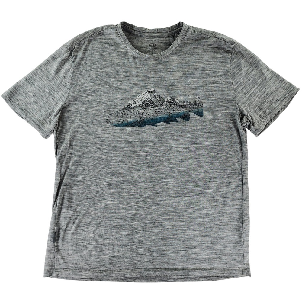 Icebreaker T-Shirt Mens Large Gray Graphic Mountain Fish Merino Wool Blend